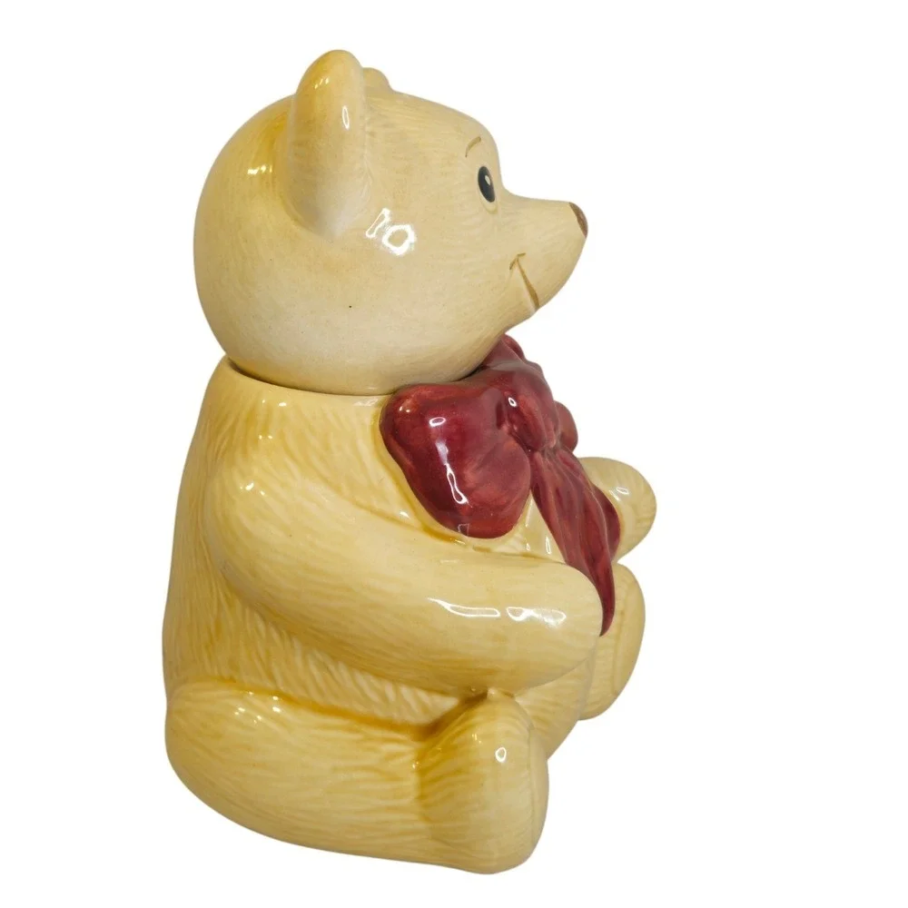 Vintage Metlox Golden Teddy Bear Cookie Jar Red Bow Calif USA MCM Mint 11-inch